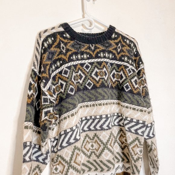 Vintage 90s Aggio Wool Blend Crewneck Pullover Geometric Print Grandpa Sweater L - Picture 3 of 6